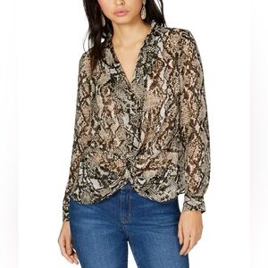 INC front knot sheer snakeskin blouse tan black white with classic cuff sleeves